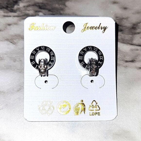 Round Letter Stainless Steel Plating Zircon Earrings - Picture 3 of 17